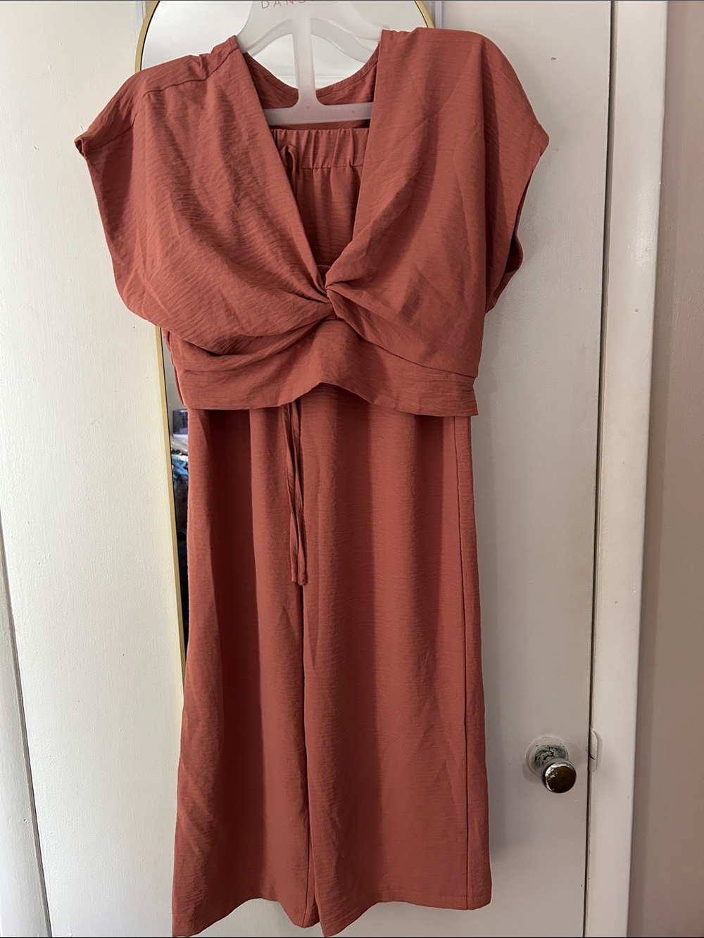 SHEIN Rust Twist-Front Top and Trouser Pant Outfit